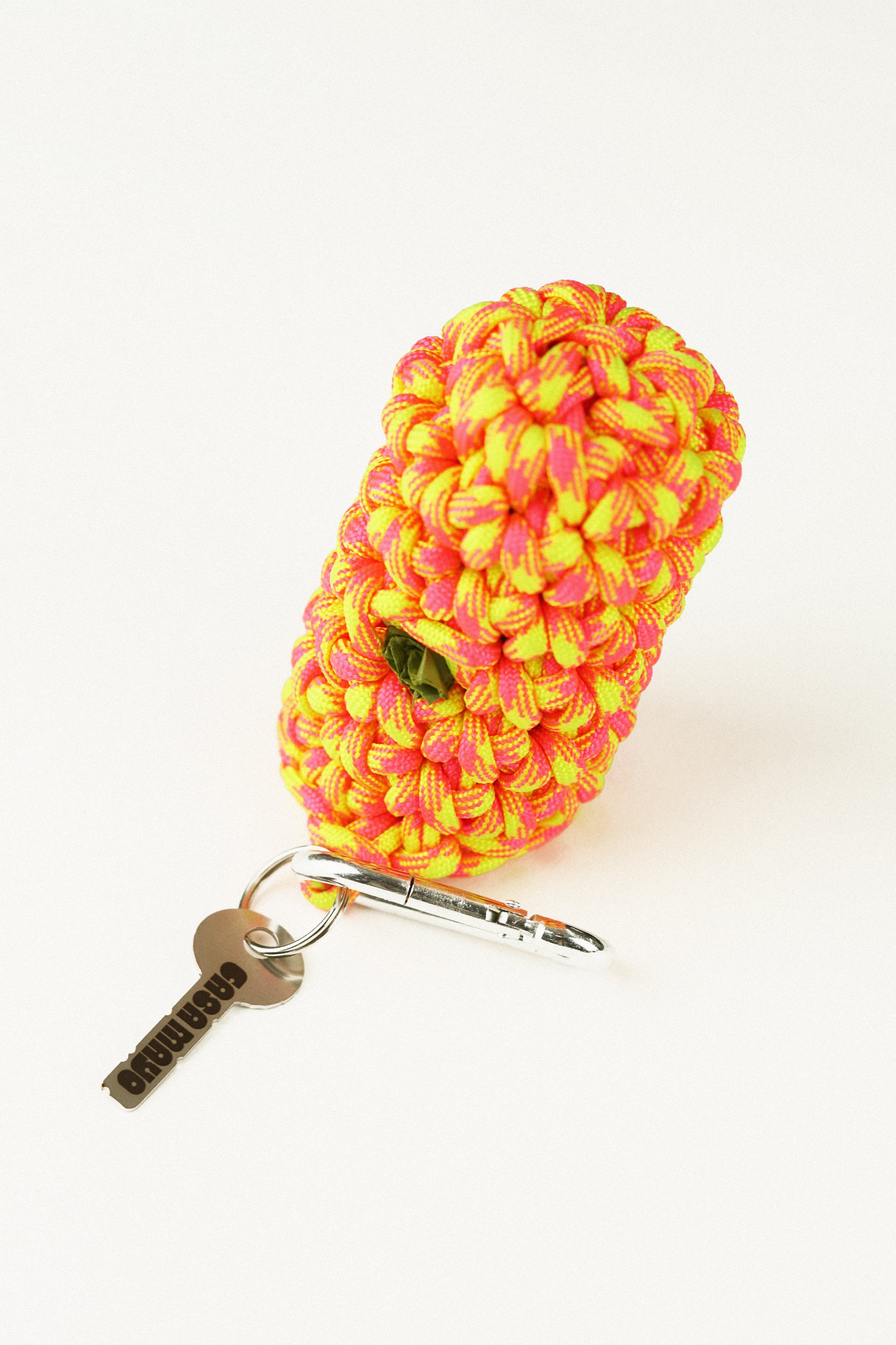 Yellow and pink pet bag holder made of paracord rope