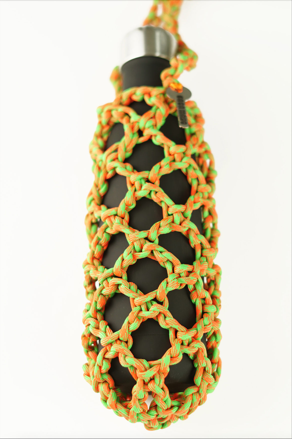 Green and orange bottle porter made of paracord rope