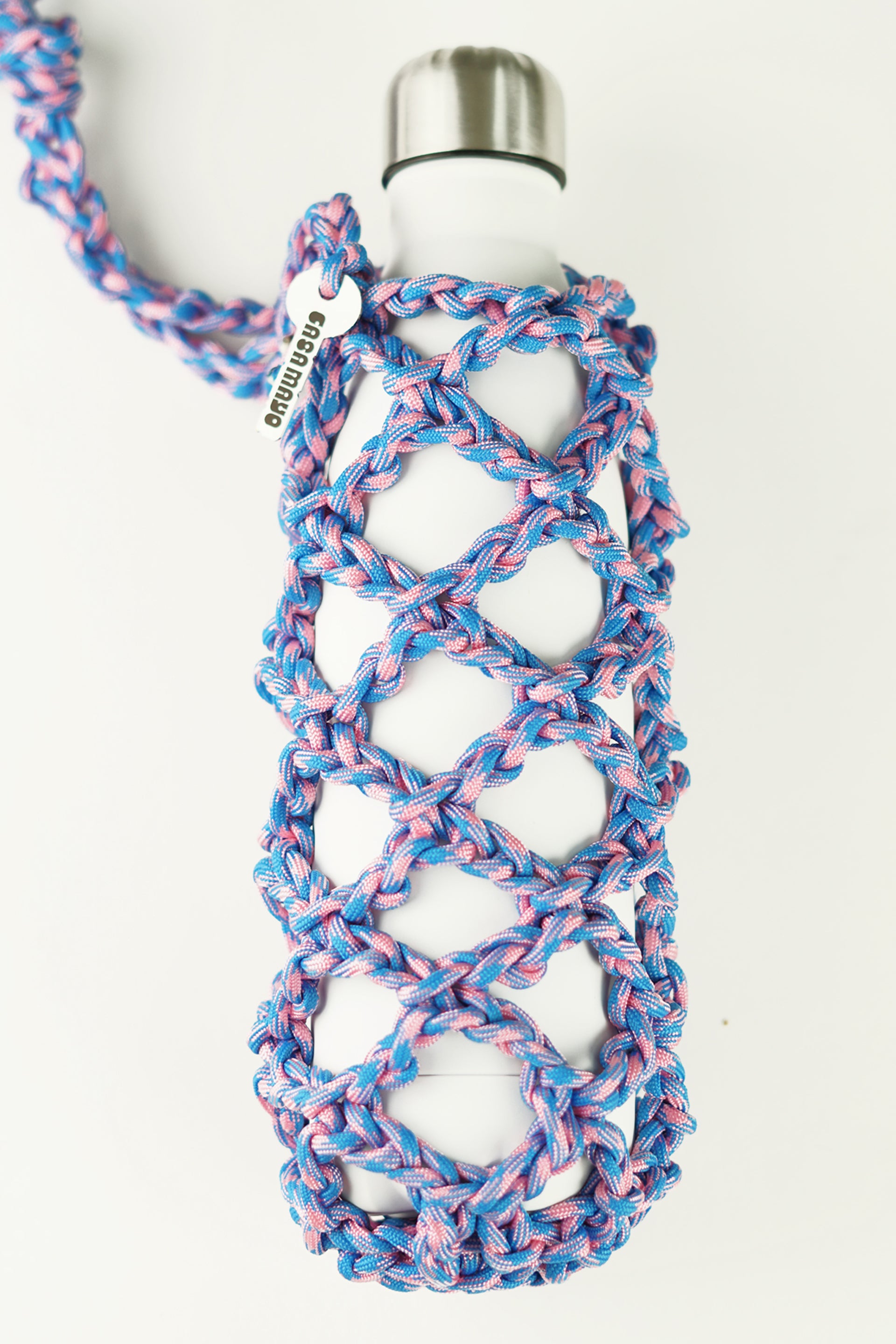 Pink and blue bottle porter made of paracord rope